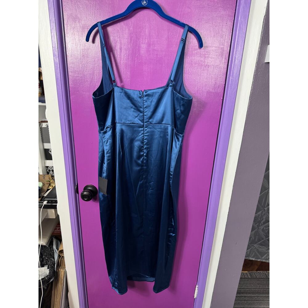 NWT Lulus XL Teal Blue Satin Cowl Neck Midi Dress Side Slit Wedding Guest - Picture 8 of 10